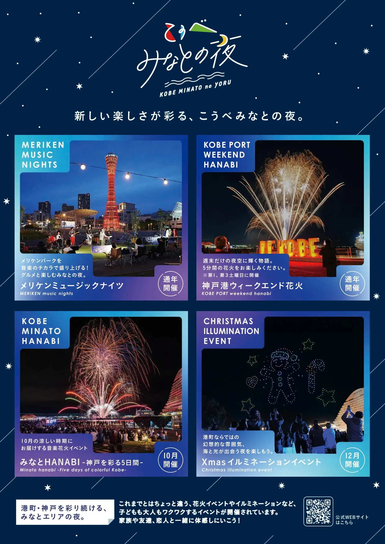神戸港ウィークエンド花火2026年度予定の公式チラシ裏面。会場と注意事項を示す。