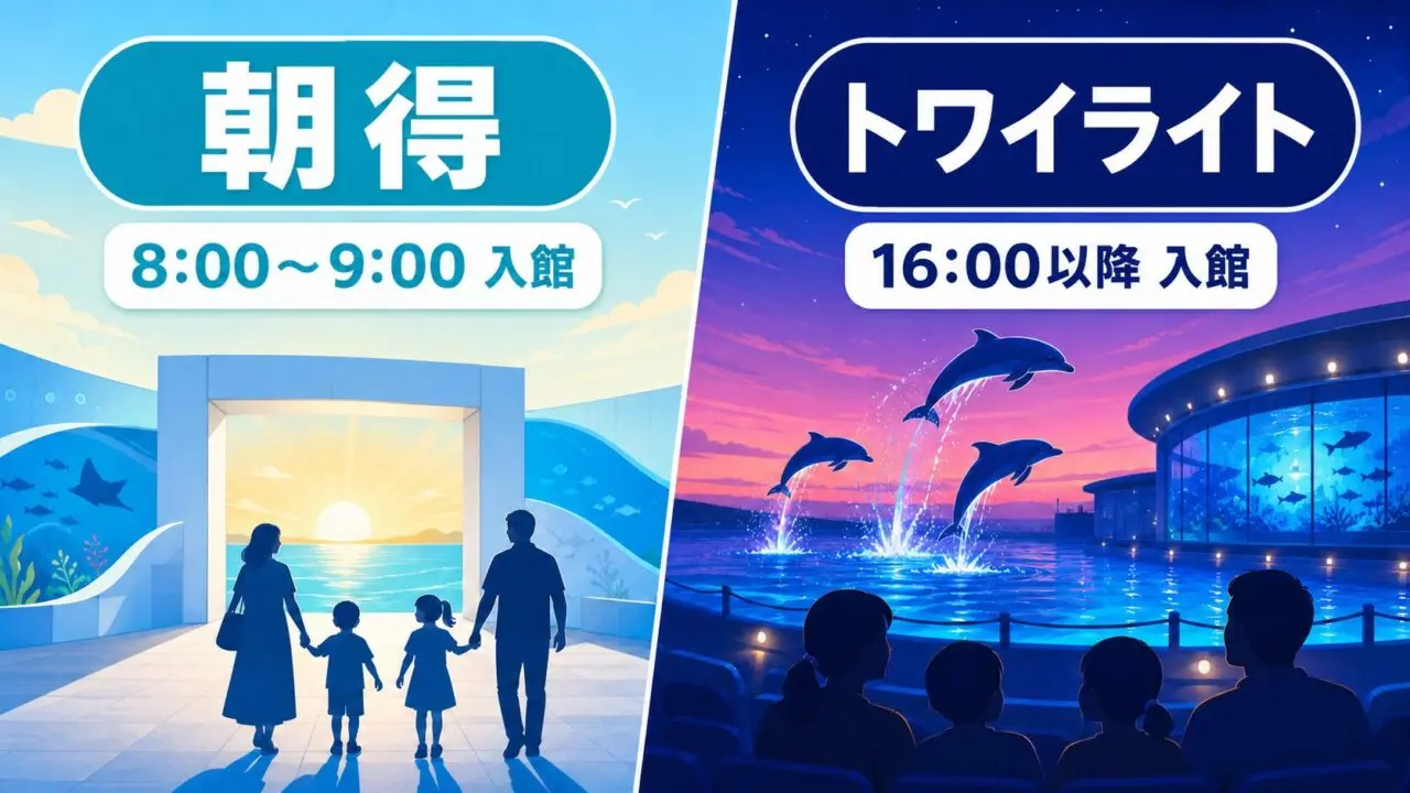 神戸須磨シーワールドのお盆チケットを朝得8時から9時入館とトワイライト16時以降入館で比較する図解