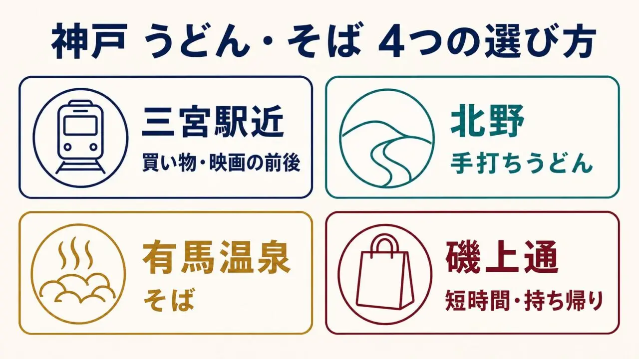 神戸市のうどん・そばを三宮駅近、北野、有馬温泉、磯上通の4通りで選ぶ図