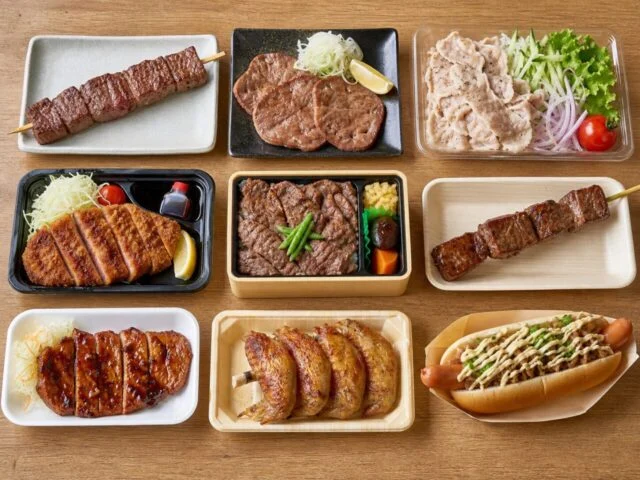 甲子園の肉イベントをイメージした弁当や串、肉料理の比較ビジュアル