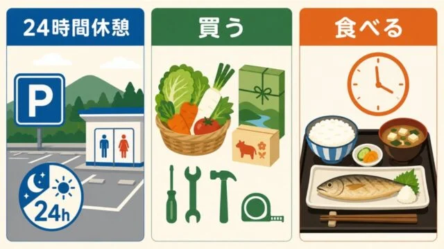道の駅みきで24時間休憩・買い物・食事から目的を選ぶ図