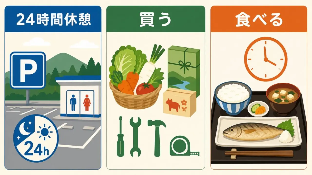 道の駅みきの24時間休憩、買い物、食事という一般的な使い方を示す編集イメージ