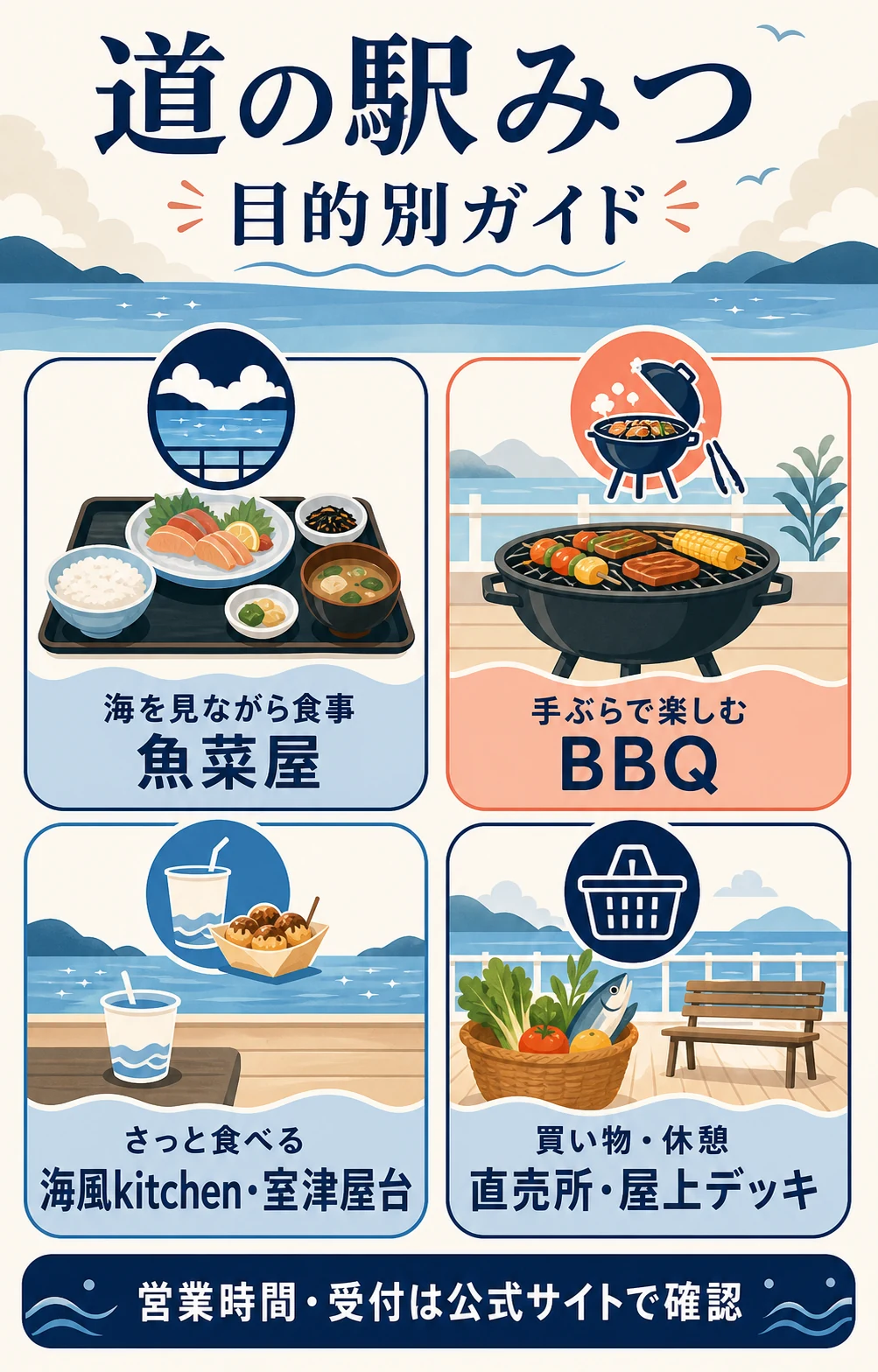 道の駅みつで魚菜屋・BBQ・ファストフード・直売所と屋上デッキを目的別に選ぶ図解