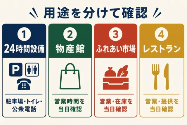 道の駅しんぐうで24時間設備・物産館・ふれあい市場・レストランを分ける図