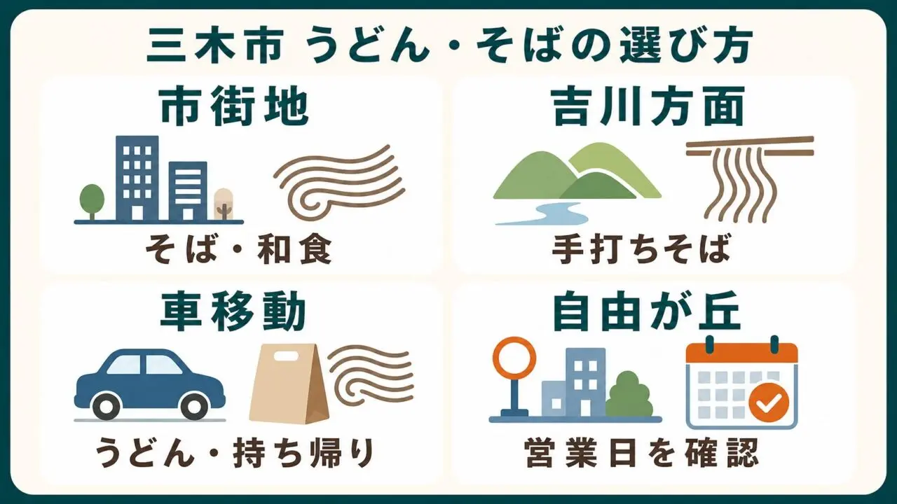 三木市のうどん・そばを市街地、吉川方面、車移動、自由が丘の4通りで選ぶ図