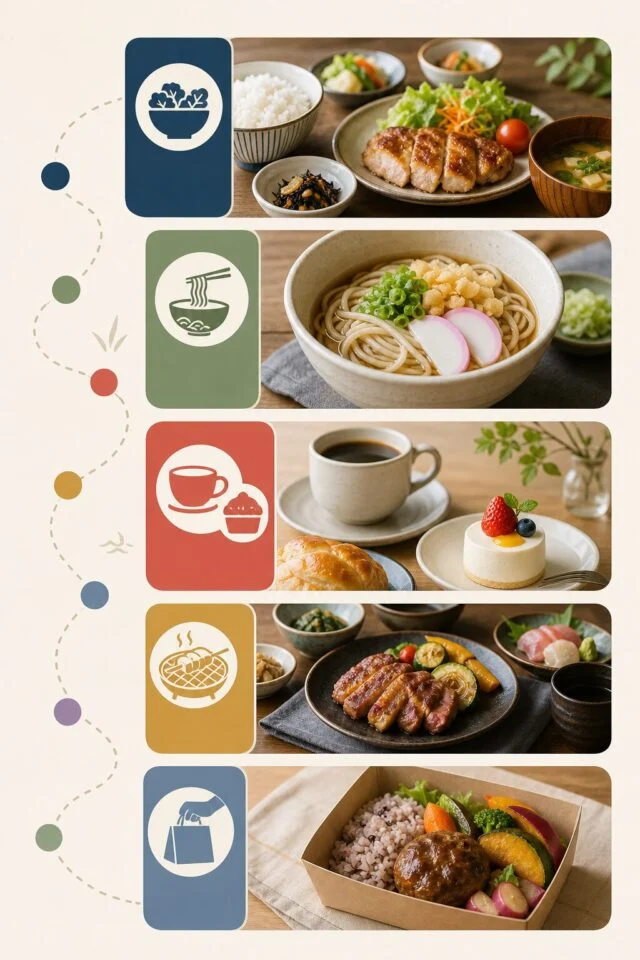 ランチ、麺、カフェと甘味、夜ごはん、持ち帰りの5つの選び方を表したガイド