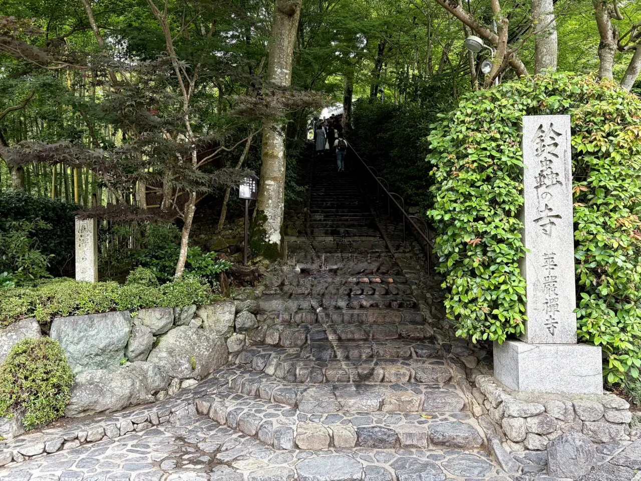 鈴虫寺の入口石段と石碑