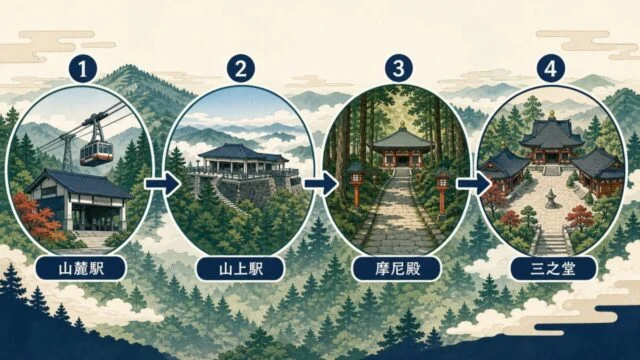 書写山ロープウェイ山麓駅から山上駅・摩尼殿・三之堂へ進む順序を示す図