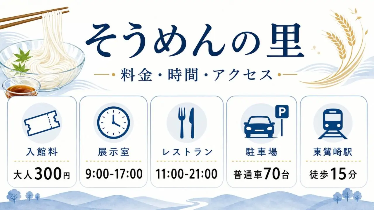 そうめんの里の入館料、展示室時間、レストラン時間、駐車場、最寄り駅をまとめた図解