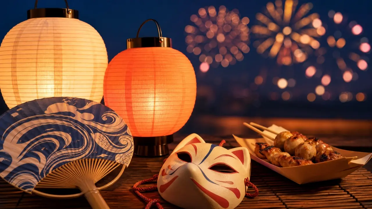 提灯、うちわ、祭りの食べ物、花火を表した夏祭りガイド
