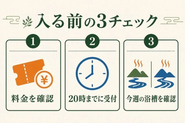 滝野温泉ぽかぽで料金・最終受付・今週の浴槽を確認する図