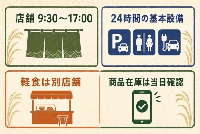 山田錦発祥のまち・多可で店舗・24時間設備・軽食・商品在庫を分ける図