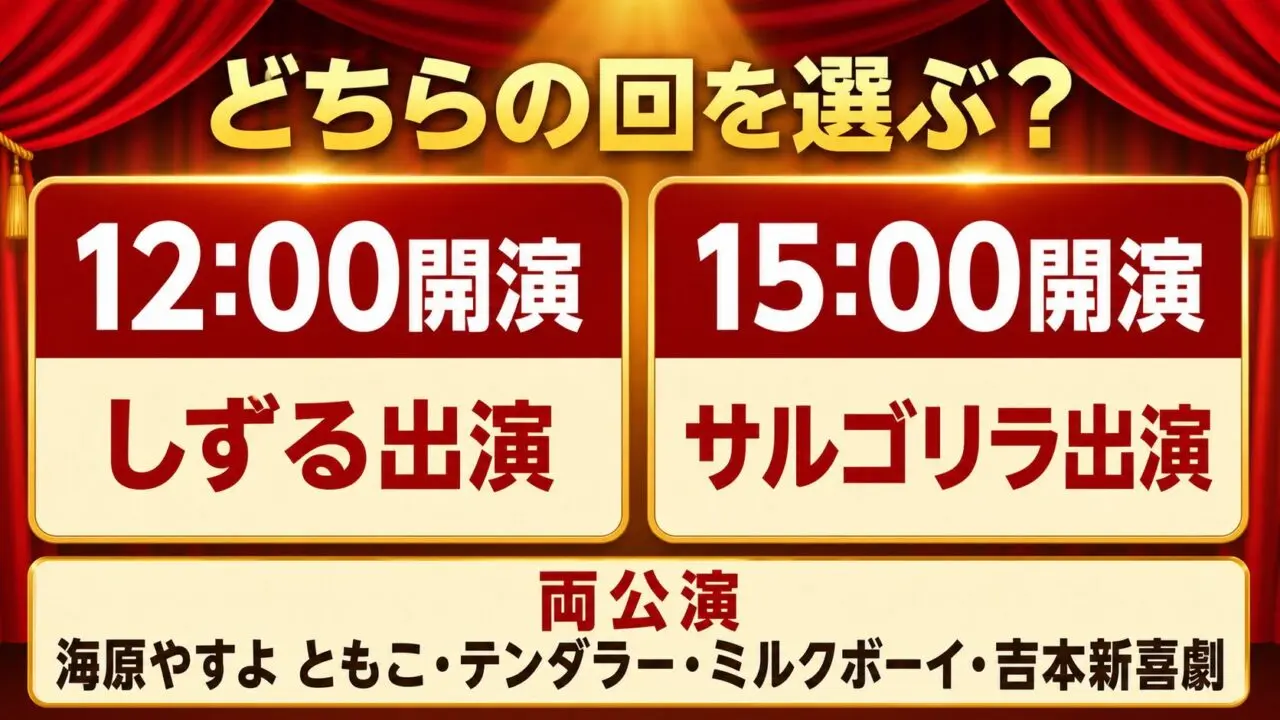 よしもとお笑いライブin神戸2026 12時公演と15時公演の出演者比較