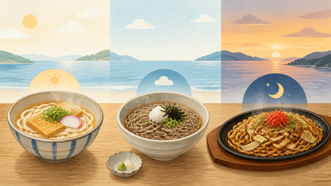 相生市のうどん・そばを選ぶ3つの食事イメージ（編集イラスト）