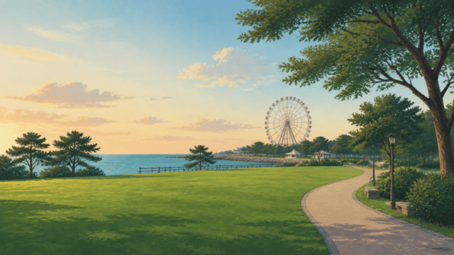 海辺の公園と観覧車を描いた赤穂海浜公園の記事内用編集イラスト