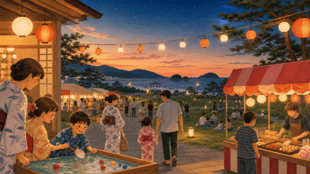 夕暮れの海辺の公園で家族が縁日を楽しむ編集イメージ