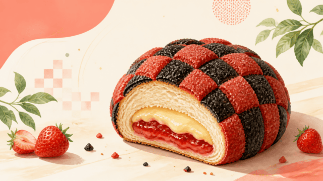 神戸屋の別パンをイメージした赤と黒のメロンパン断面のHarimap制作イラスト