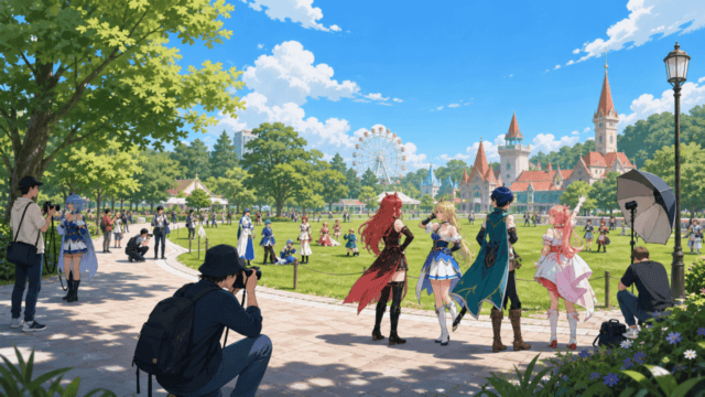 屋外の公園でコスプレ撮影を楽しむ様子をイメージした編集イラスト