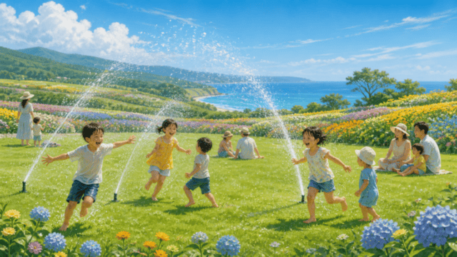 淡路島の海辺の花と芝生の公園で子どもがスプリンクラーを楽しむ編集イメージ