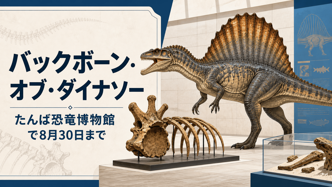 スピノサウルスと化石展示を描いたHarimap制作のオリジナルイラスト。実在の博物館内や公式ロゴを再現した写真ではありません。