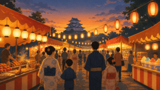 姫路夏祭り2026の屋台と提灯の雰囲気を表したHarimap制作イラスト