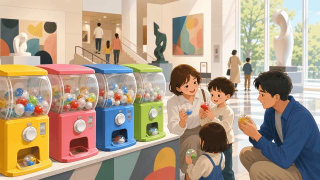 美術館の明るい foyer に並ぶカプセルトイを描いた記事内用編集イラスト
