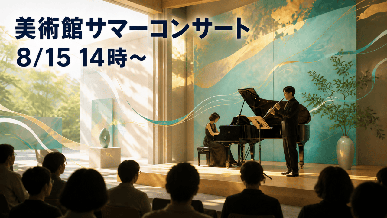 美術館でのオーボエとピアノのサマーコンサートと8月15日14時開演を示す編集イメージ