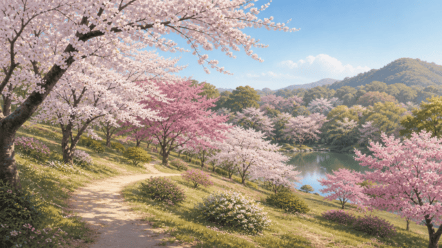 桜の木が並ぶ丘と散策路を描いた編集イラスト