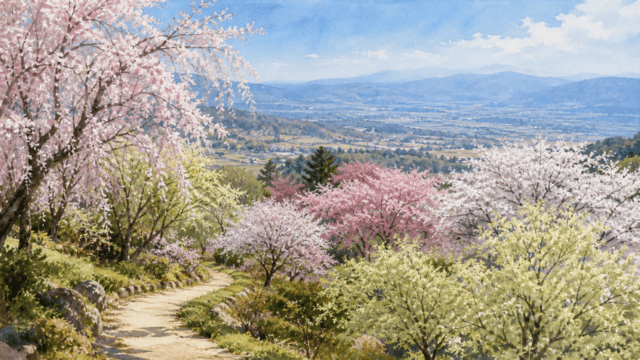 多様な桜が咲く丘と散策路を描いた編集イラスト