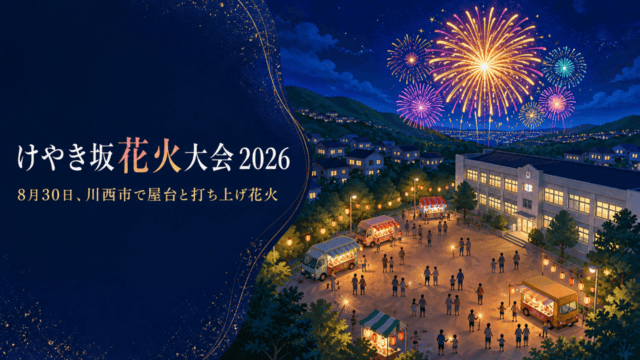 けやき坂花火大会2026をイメージしたHarimap制作イラスト。実在の会場写真や公式ロゴではありません。