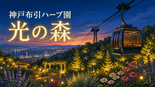 神戸布引ハーブ園のGARDEN FEST 2026と夜の光の森を表したHarimap制作イラスト