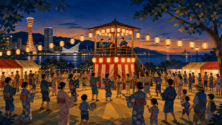 神戸の海辺でやぐらを囲み盆踊りを楽しむ編集イメージ