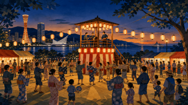 神戸の海辺でやぐらを囲み盆踊りを楽しむ編集イメージ