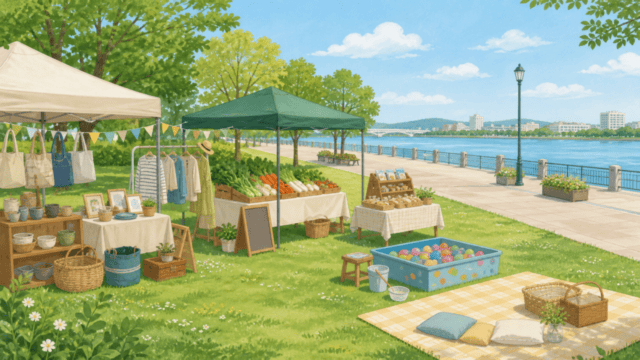 公園の芝生で開かれる小さなマーケットをイメージした編集イラスト
