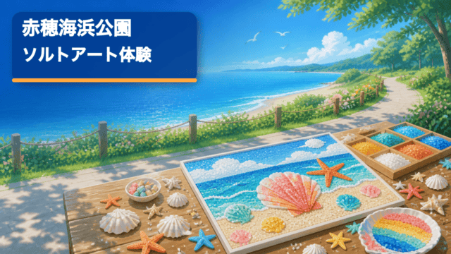 赤穂海浜公園でソルトアート体験を楽しむ海辺の様子を描いたHarimap制作イラスト