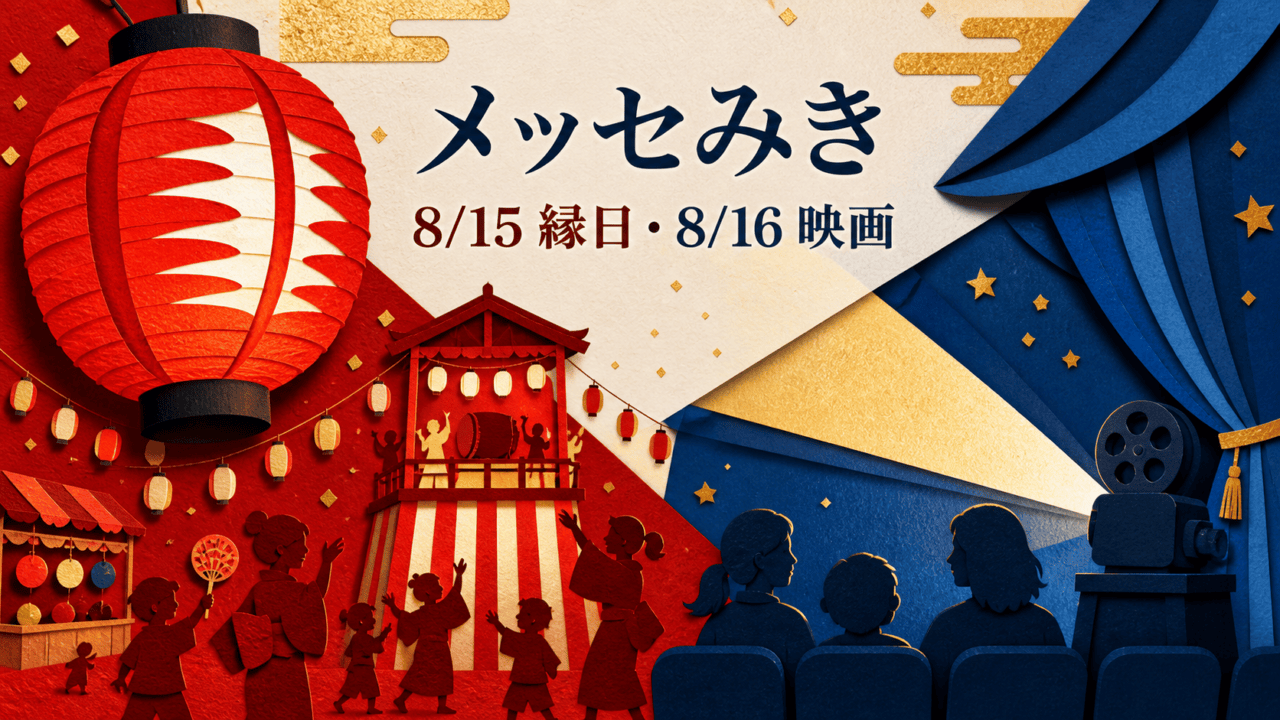 メッセみきで8月15日に開催される縁日納涼大会と8月16日の夏休み子ども映画まつりを表したイラスト