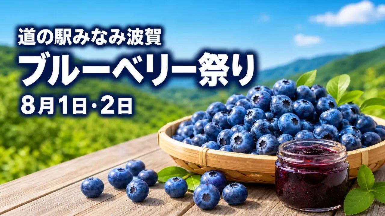 山あいのブルーベリーとジャムを描いたブルーベリー祭りのイラスト