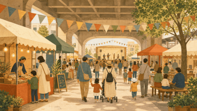 駅高架下の地域イベントを描いた終了記録用の編集イラスト