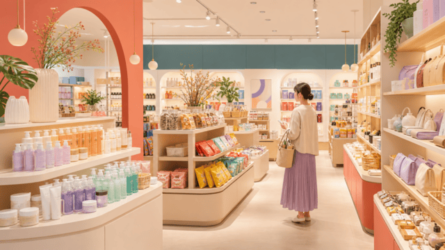 アジアコスメや食品、雑貨を扱う店舗をイメージした編集イラスト