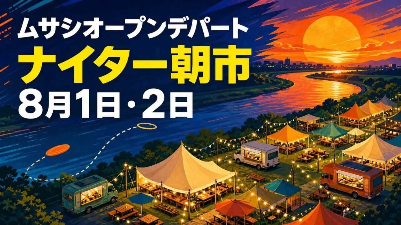 加古川河川敷の夕景と夜市を描き、ムサシオープンデパート、ナイター朝市、8月1日・2日と記したイラスト