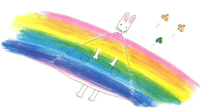姫路文学館公式ページ掲載の西巻茅子作品画像。虹色のワンピースを描いた絵本原画の一例。