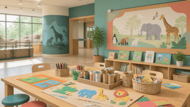 動物園の学習スペースをイメージした工作テーブルの編集イラスト