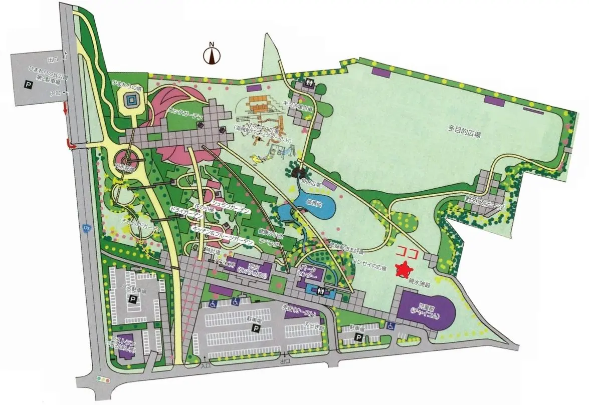 小野市ひまわりの丘公園の園内マップと駐車場案内