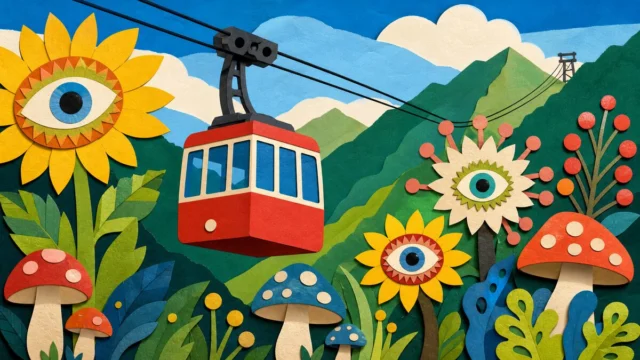 山を上るケーブルカーと目の模様の花、笑顔のキノコを描いた版画調の編集イラスト