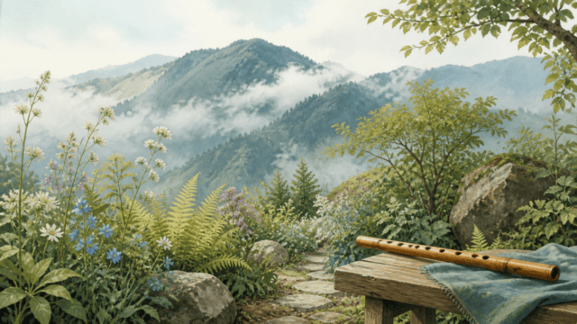 高山植物園と木製フルートを表現した編集イラスト（実際の会場・演奏者・演奏時間・開花状況を示すものではありません）
