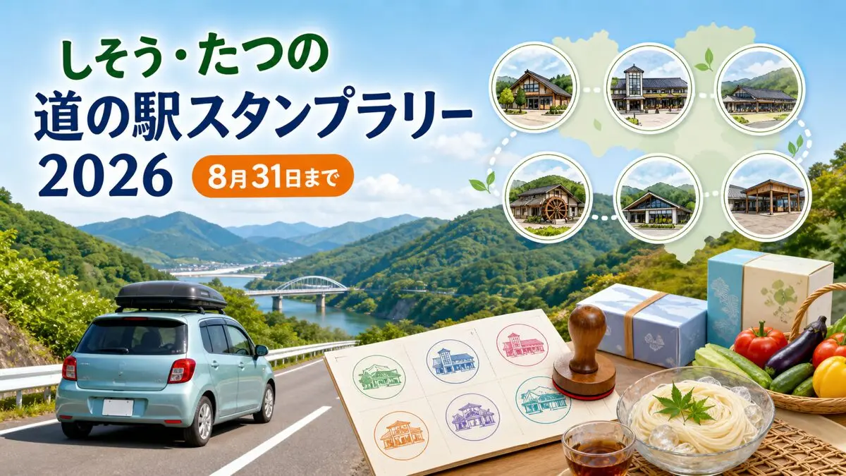 しそう・たつの道の駅スタンプラリー2026の6駅、8月31日まで、各駅500円以上の条件をまとめた図解