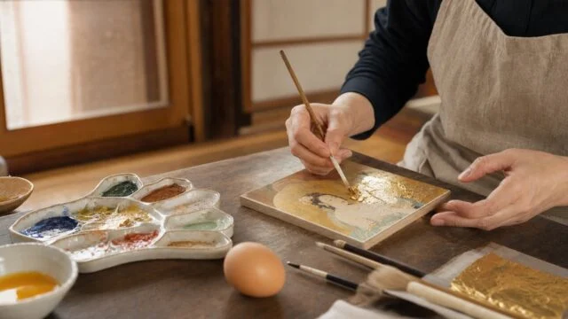 小さな板に金色の背景とテンペラ画を制作する手元を描いた編集イメージ