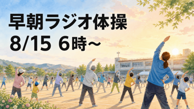 学校の運動場で早朝ラジオ体操をする地域の人々と8月15日6時開始を示す編集イメージ