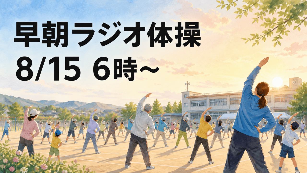 学校の運動場で早朝ラジオ体操をする地域の人々と8月15日6時開始を示す編集イメージ
