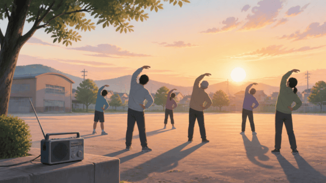 朝の学校校庭でラジオ体操をする人々を描いた記事内用編集イラスト